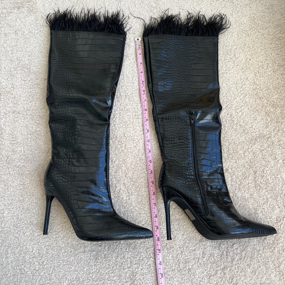 Brand New!!  Elegant Black Croc-Embossed Heeled Botos with Feather Trim